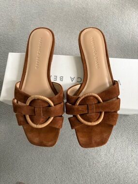 Veronica Beard Chestnut Suede Slide Sandals with Woven Ring Detail